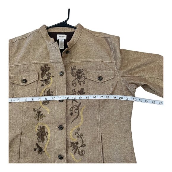 Chicos Metallic Embroidered Button-Up Jacket SZ 2 Beige Long Sleeve Cotton Blend - Picture 4 of 16